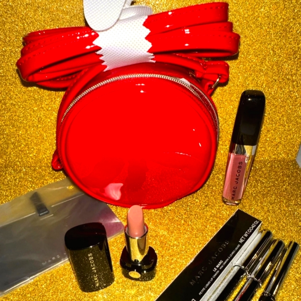 Marc Jacob's Red Mini Red Crossbody Bag w/ 7pc Make Up.